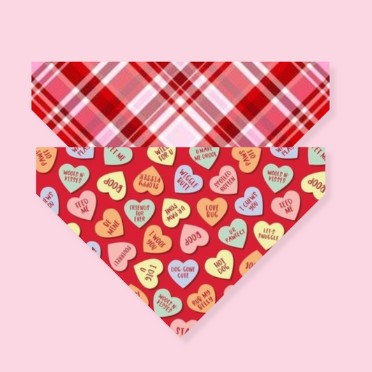 Candy Hearts and Pink Plaid Reversible Pet Bandana