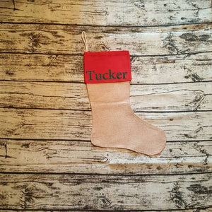 Personalized Glitter Name Red Burlap Christmas Stocking