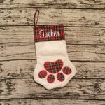 Load image into Gallery viewer, Personalized Glitter Name Plaid Red Paw Print Christmas Stocking
