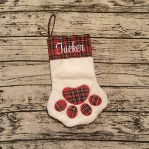Personalized Glitter Name Plaid Red Paw Print Christmas Stocking