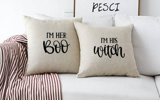 Set of 2, 18x18" I'm Her Boo, I'm His Witch Throw Pillow Cover