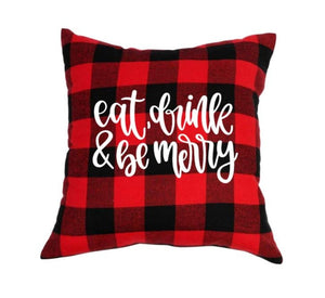 18x18" Eat, Drink, and Be Merry Throw Pillow Cover - Red Buffalo Plaid Available