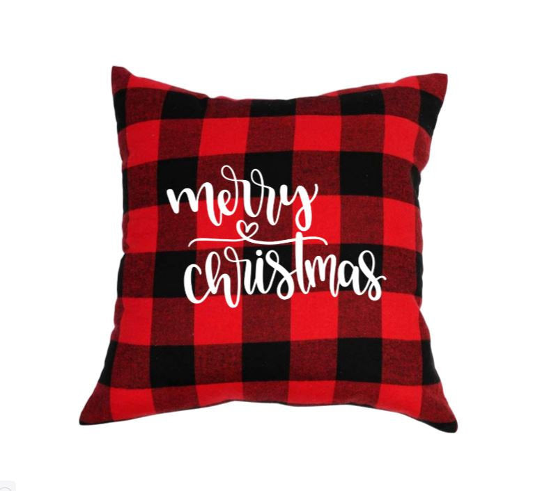 18x18" Merry Christmas Throw Pillow Cover - Red Buffalo Plaid Available