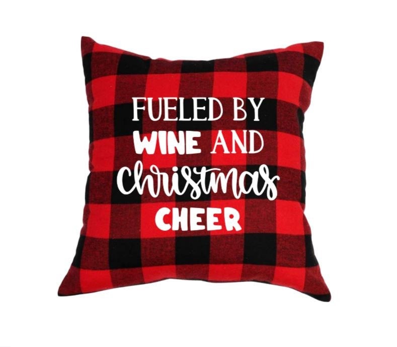 18x18" Fueled by Wine and Christmas Cheer Throw Pillow Cover - Red Buffalo Plaid Available