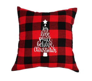 18x18" Christmas Tree Joy Love Peace Believe Christmas Throw Pillow Cover - Red Buffalo Plaid Available