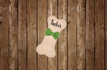 Load image into Gallery viewer, Personalized Glitter Name Green Bow Bone Christmas Stocking
