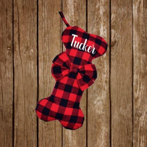 Personalized Glitter Red and Black Buffalo Plaid Name Bone Christmas Stocking with Bow